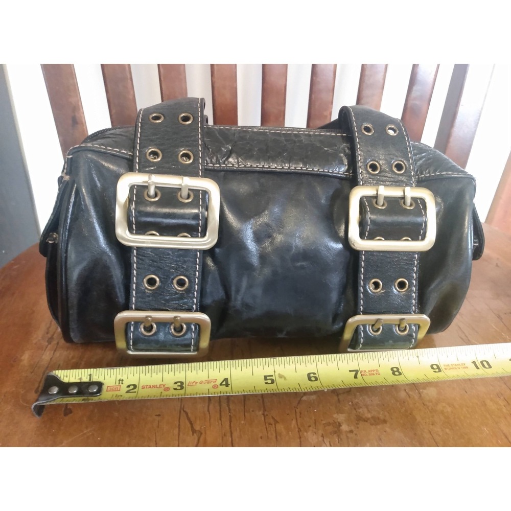 SOHO Franco Sarto VTG Edgy Black Leather Buckle Barrel Bag Y2K Streetwear Biker - Picture 7 of 10